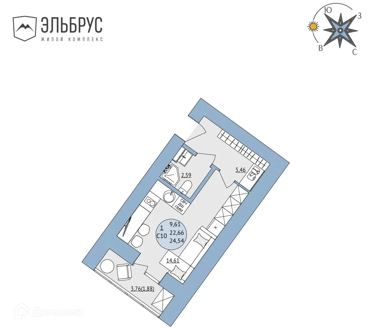 Планировка студии квартиры 24.54 м² в ЖК Эльбрус, г. Уфа — фото 1