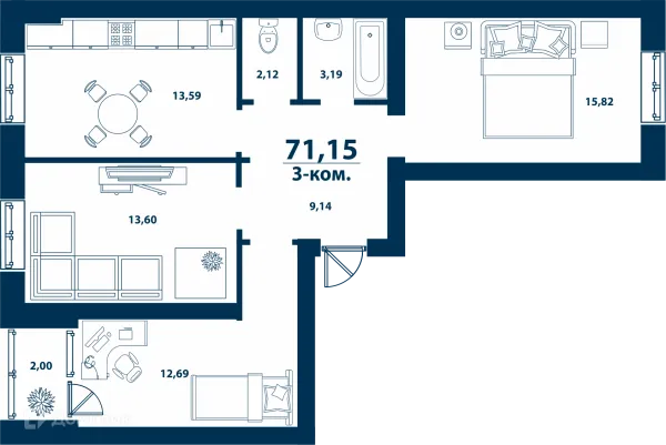 Планировка 3 комн. в ЖК Город Природы
