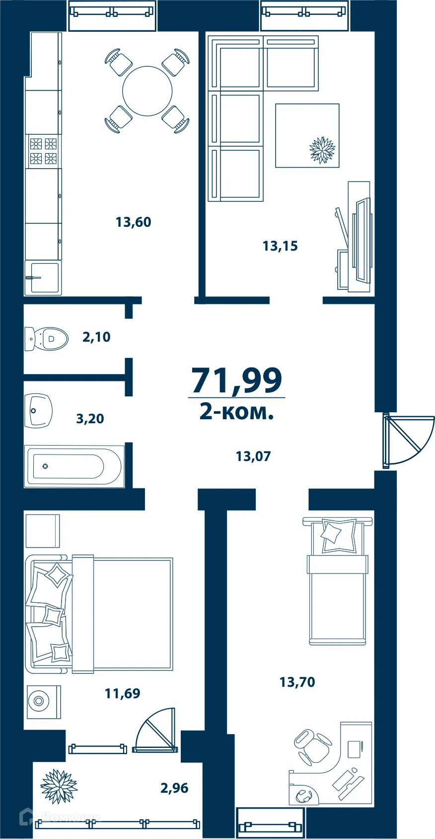 Планировка 2-комнатной квартиры 71.99 м² в ЖК Город Природы, г. Уфа — фото 1