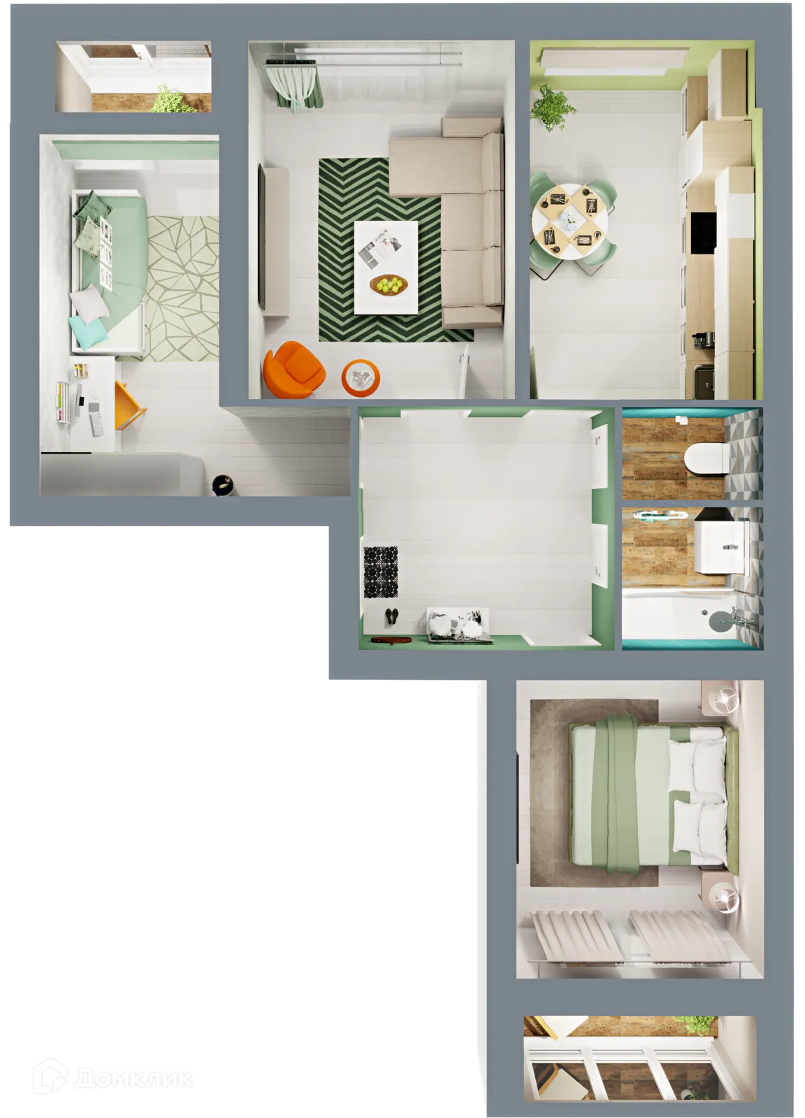 Планировка 3-комнатной квартиры 70.54 м² в ЖК Город Природы, г. Уфа — фото 2