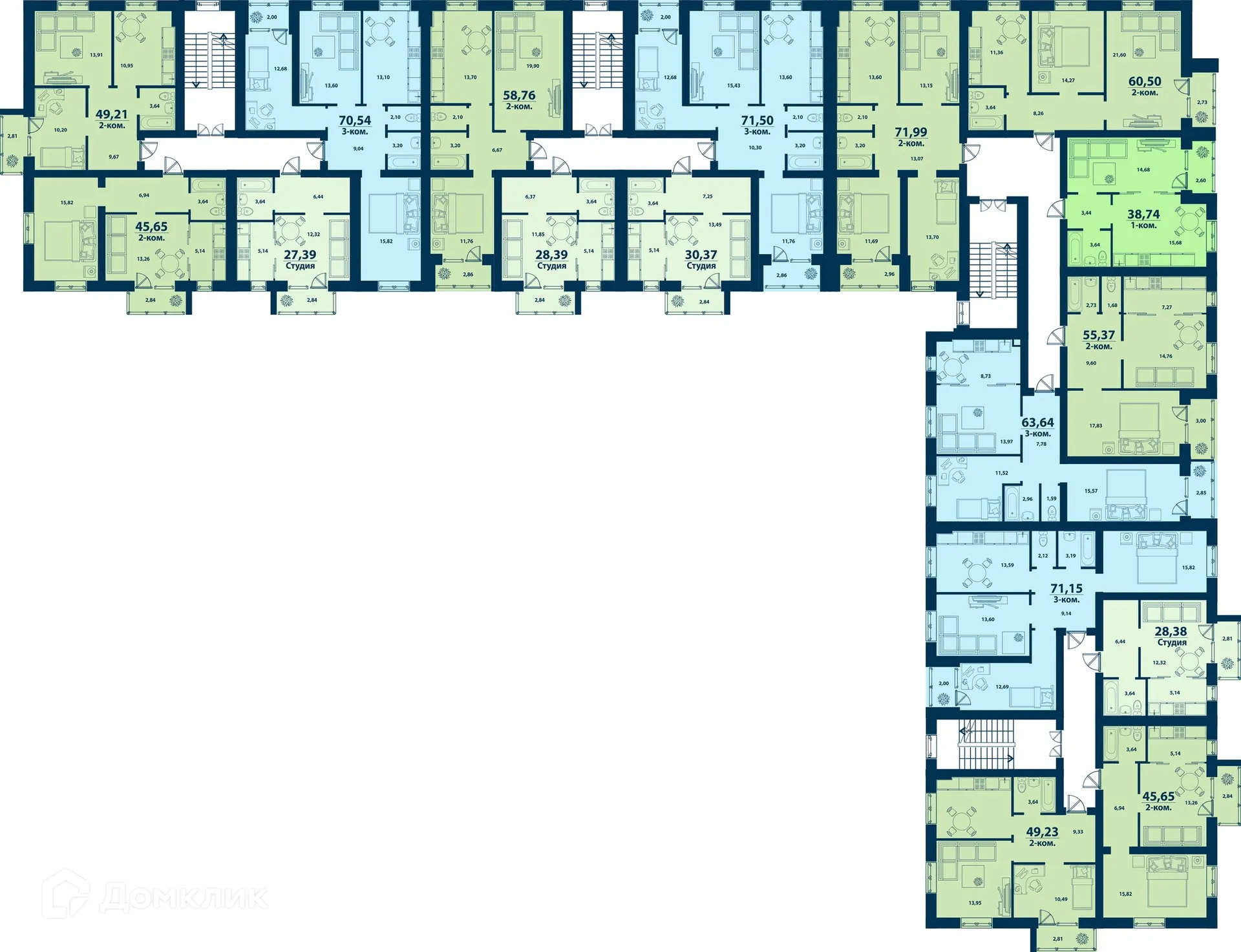 Планировка 3-комнатной квартиры 70.54 м² в ЖК Город Природы, г. Уфа — фото 3