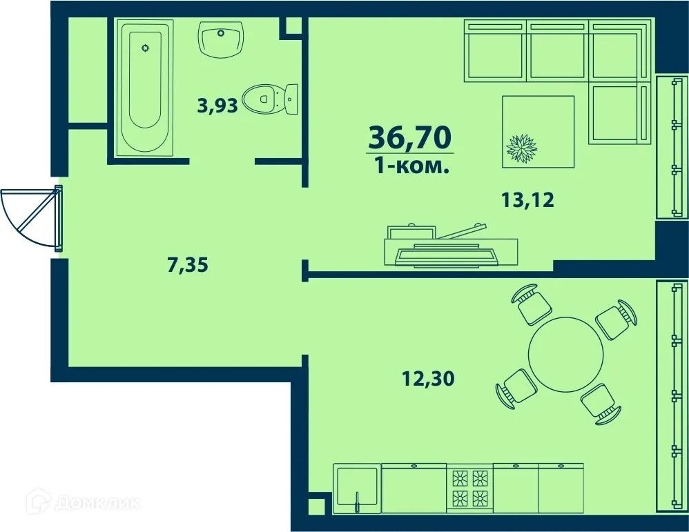 Планировка 1-комнатной квартиры 36.7 м² в ЖК Город Природы, г. Уфа — фото 1