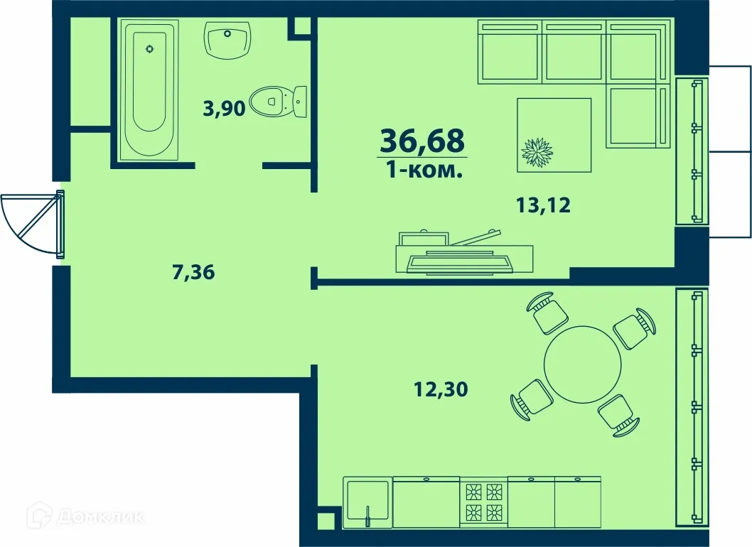 Планировка 1-комнатной квартиры 36.68 м² в ЖК Город Природы, г. Уфа — фото 1