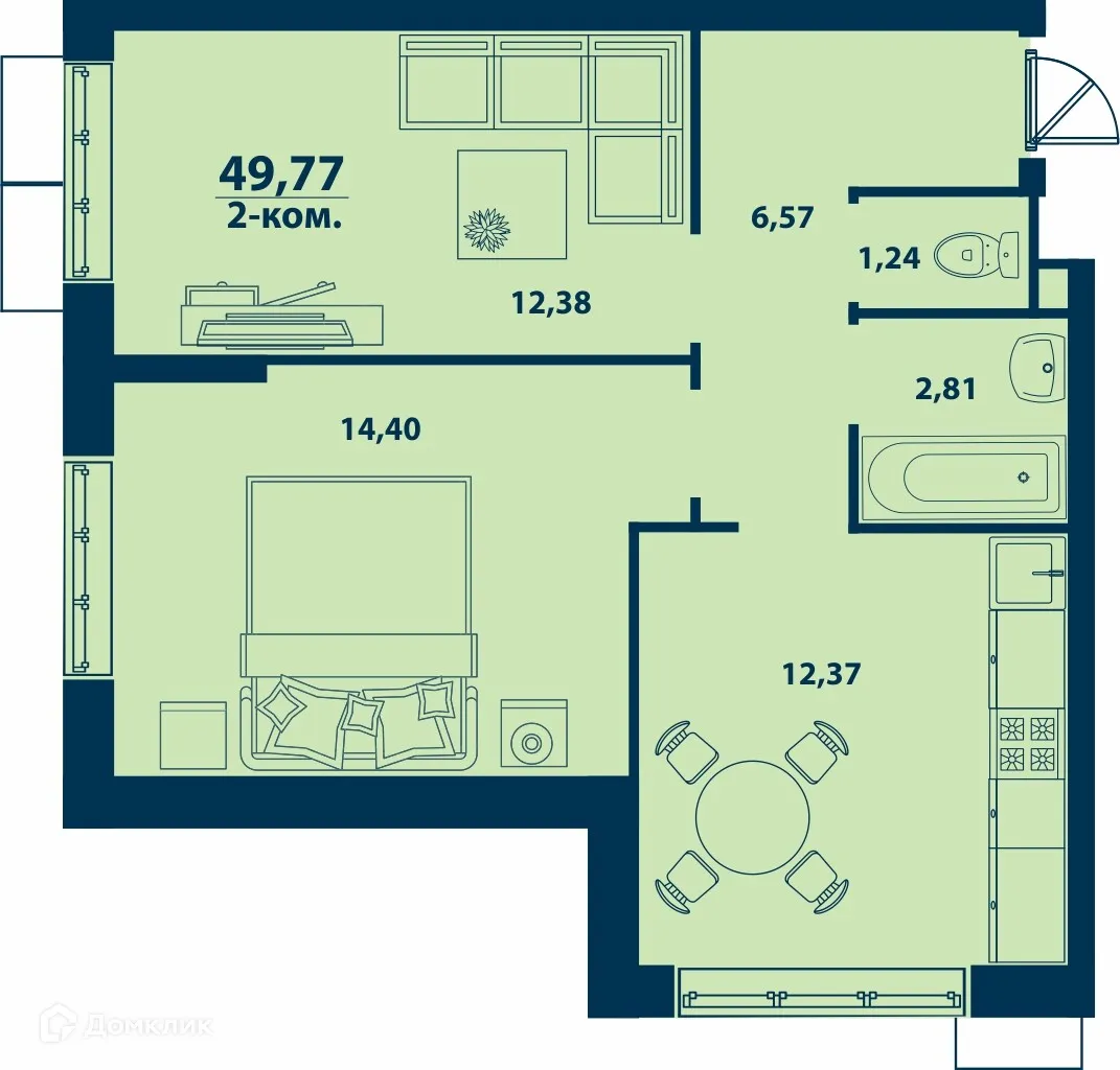 Планировка 2-комнатной квартиры 49.77 м² в ЖК Город Природы, г. Уфа — фото 1