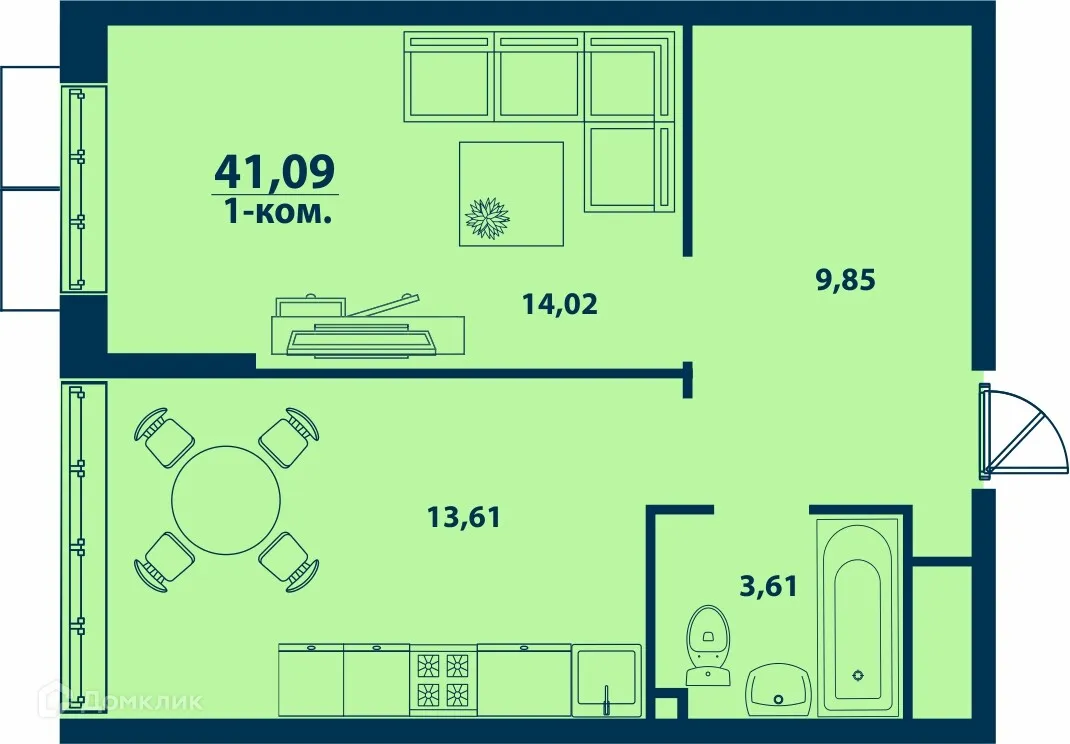 Планировка 1-комнатной квартиры 41.09 м² в ЖК Город Природы, г. Уфа — фото 1