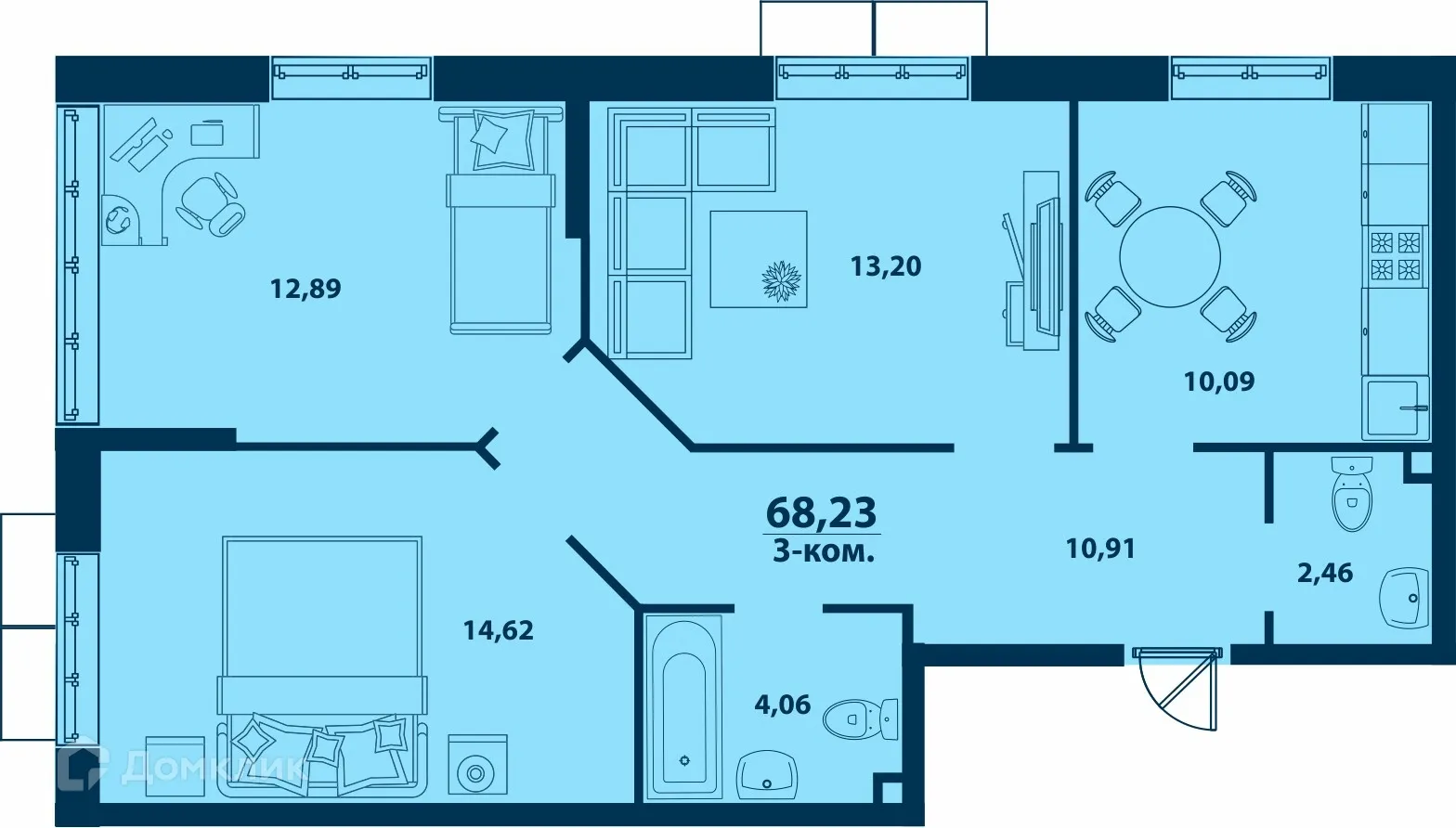 Планировка 3-комнатной квартиры 68.23 м² в ЖК Город Природы, г. Уфа — фото 1