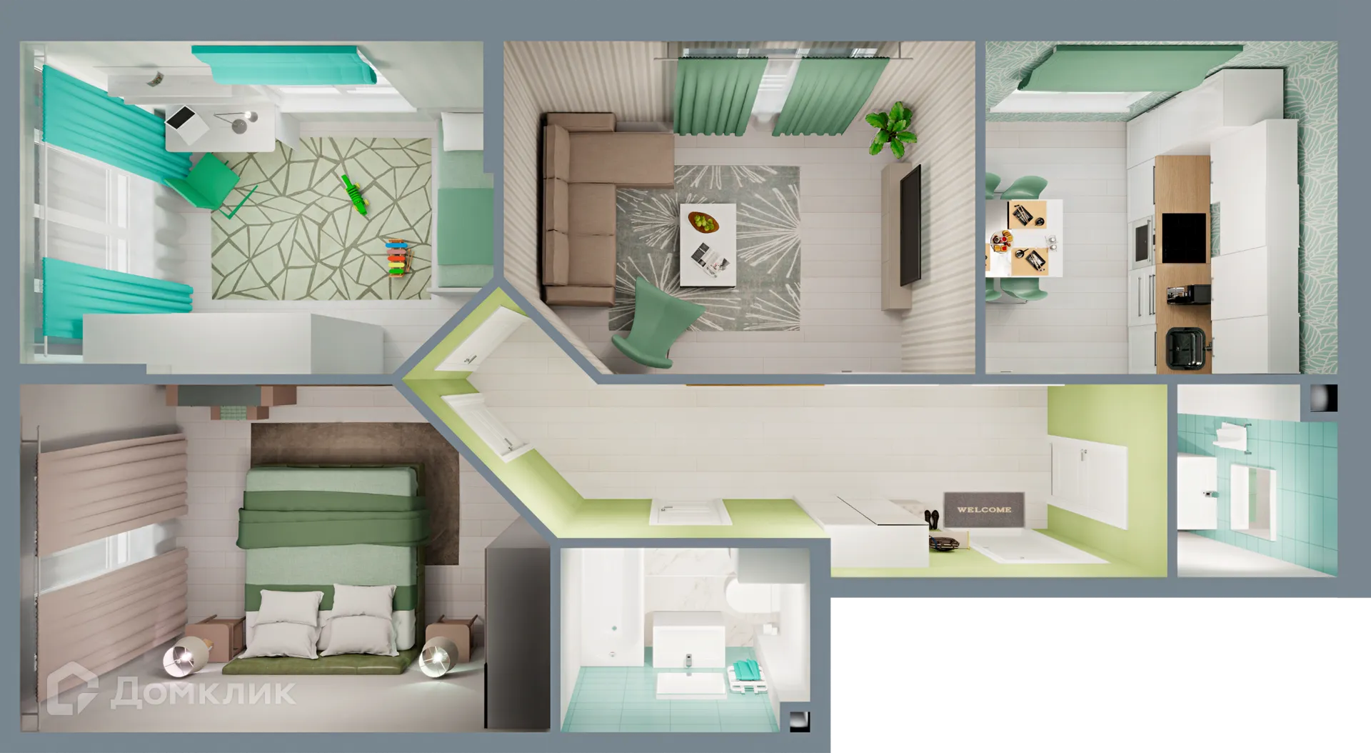 Планировка 3-комнатной квартиры 68.23 м² в ЖК Город Природы, г. Уфа — фото 2