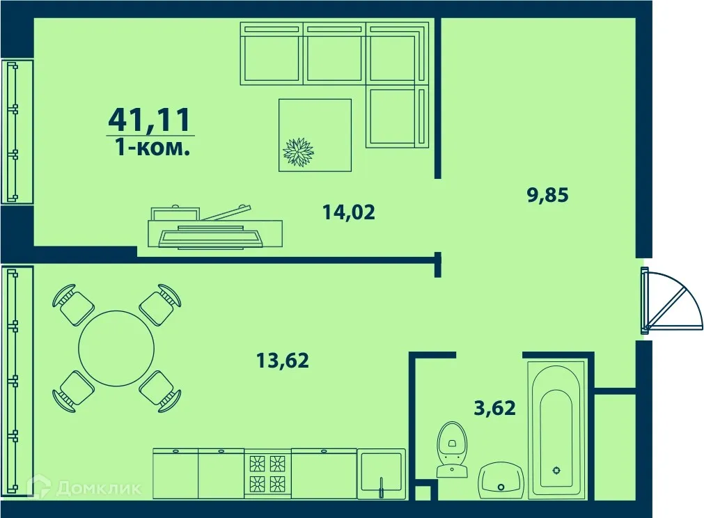 Планировка 1-комнатной квартиры 41.11 м² в ЖК Город Природы, г. Уфа — фото 1