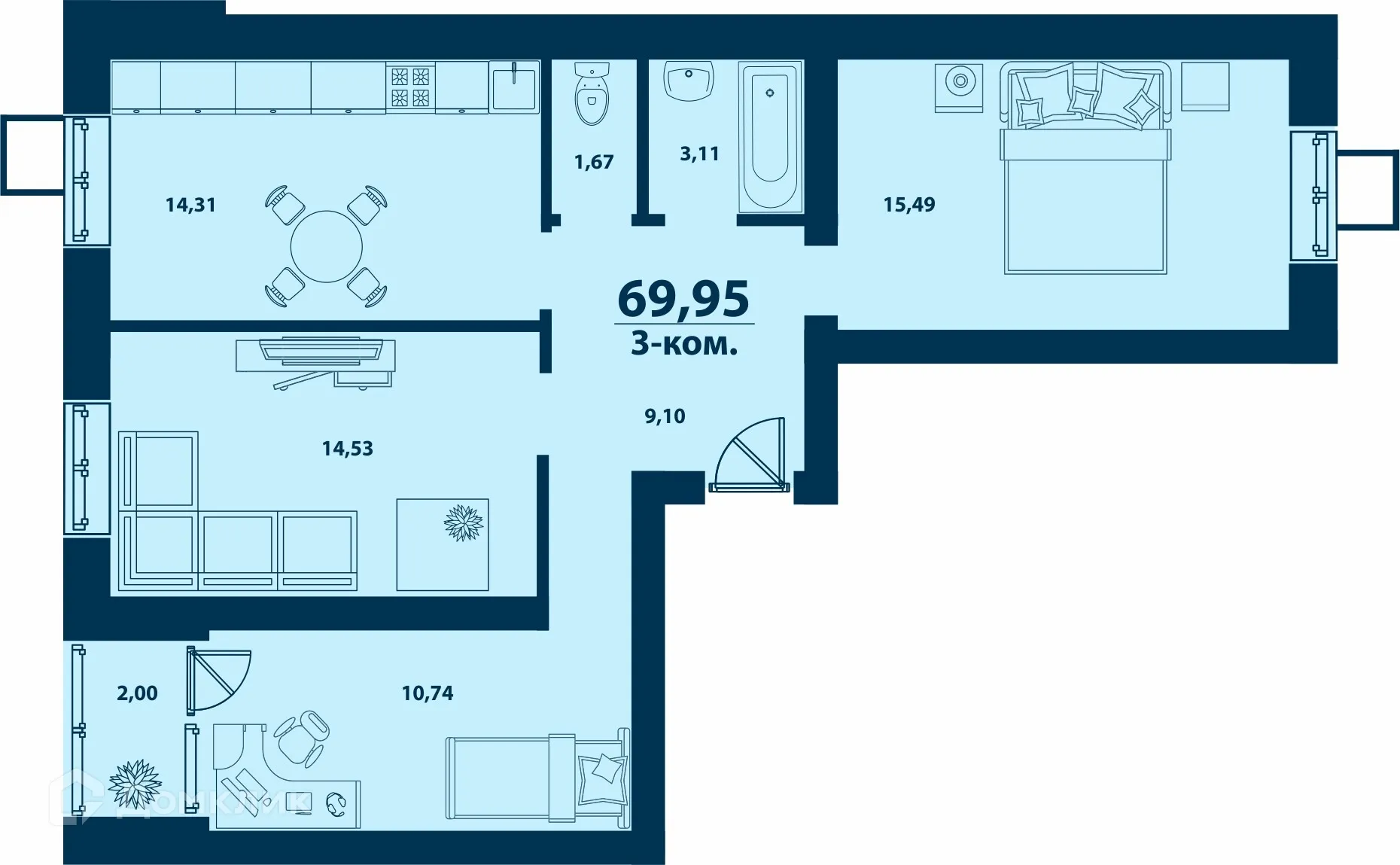 Планировка 3-комнатной квартиры 69.95 м² в ЖК Город Природы, г. Уфа — фото 1