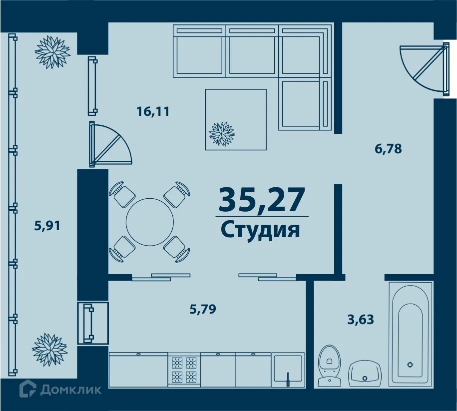 Планировка 1-комнатной квартиры 35.27 м² в ЖК Город Природы, г. Уфа — фото 1