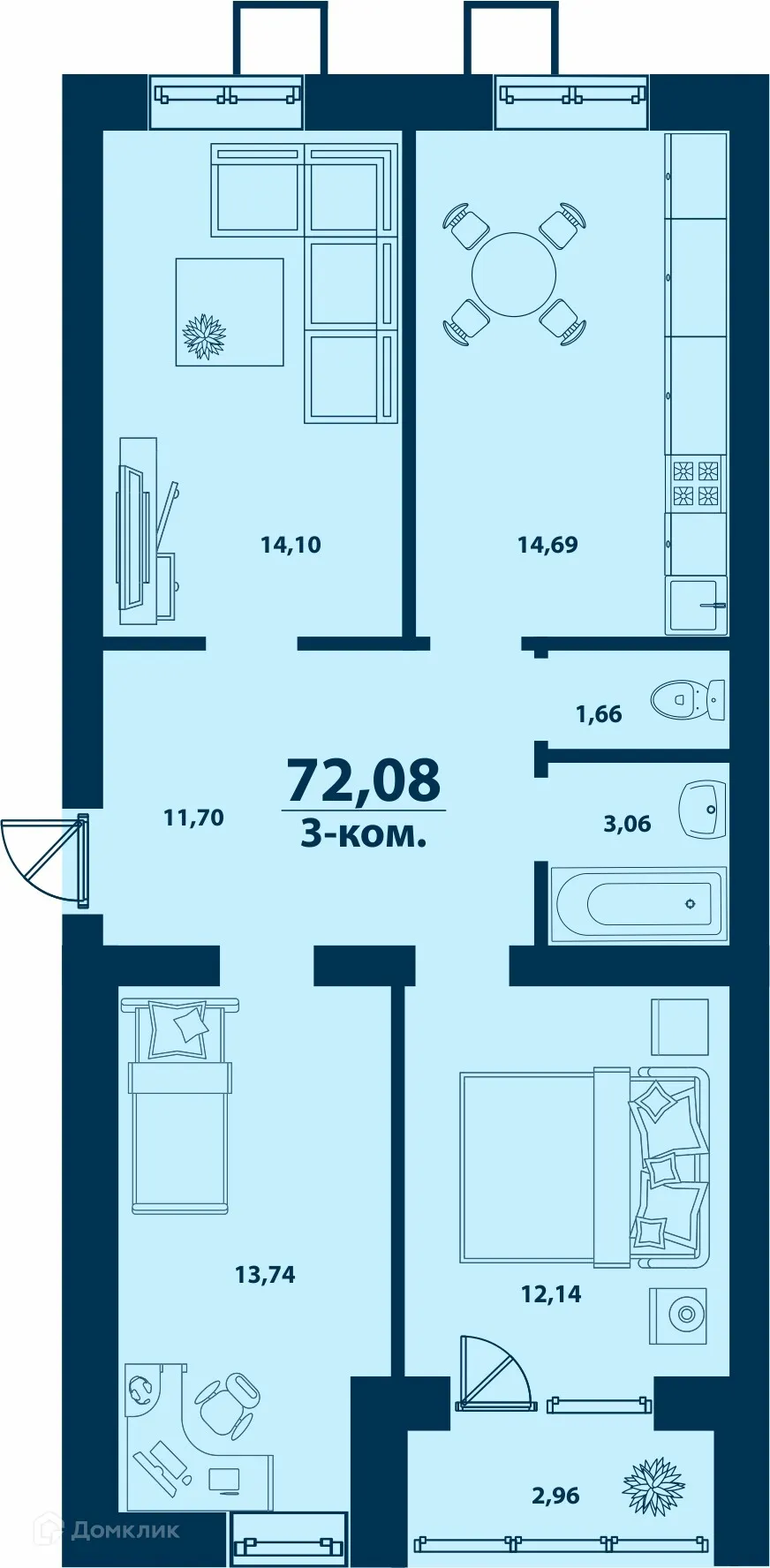 Планировка 3-комнатной квартиры 72.08 м² в ЖК Город Природы, г. Уфа — фото 1