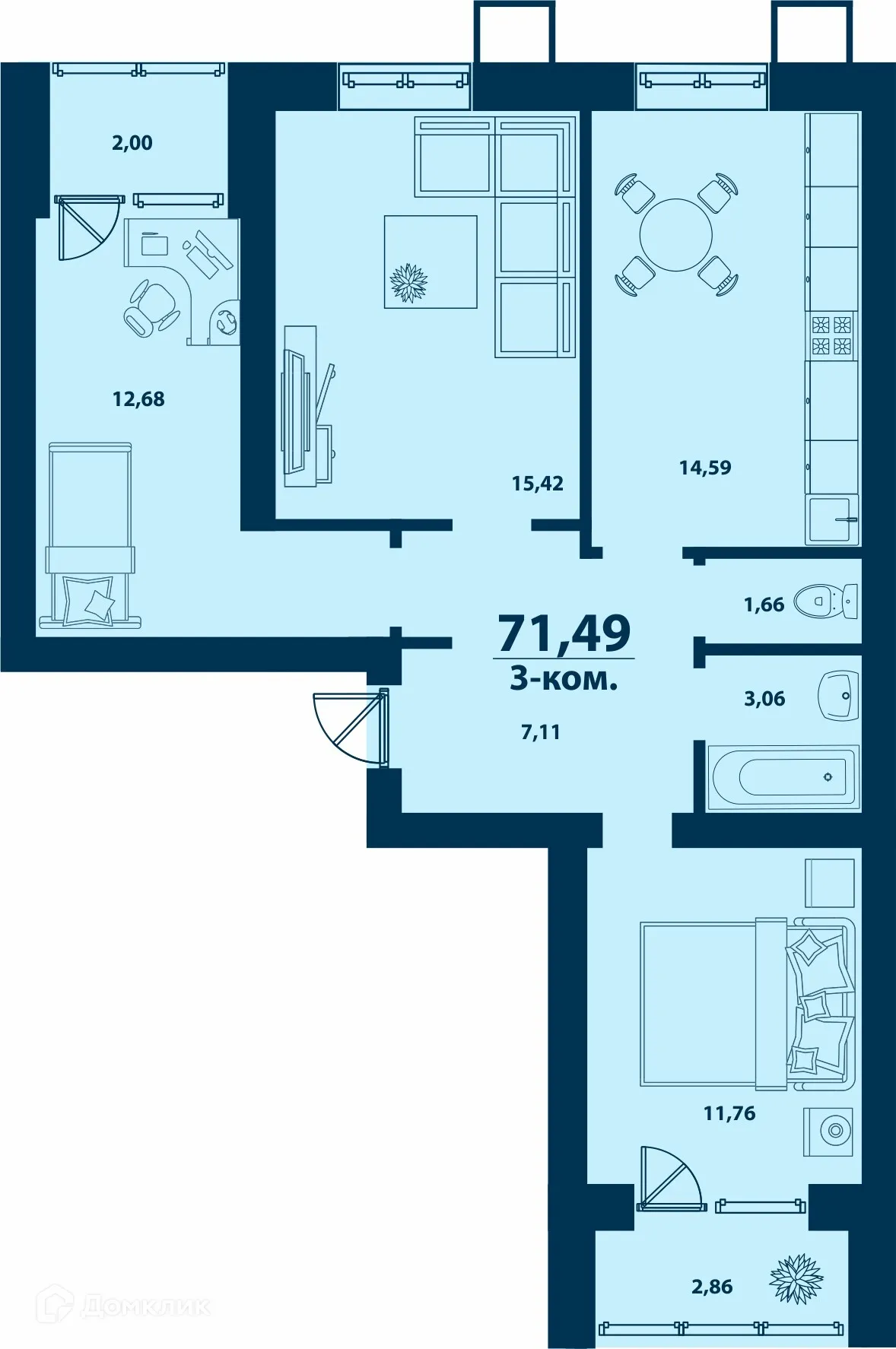 Планировка 3-комнатной квартиры 71.49 м² в ЖК Город Природы, г. Уфа — фото 1