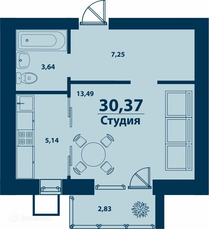 Планировка 1-комнатной квартиры 30.37 м² в ЖК Город Природы, г. Уфа — фото 1