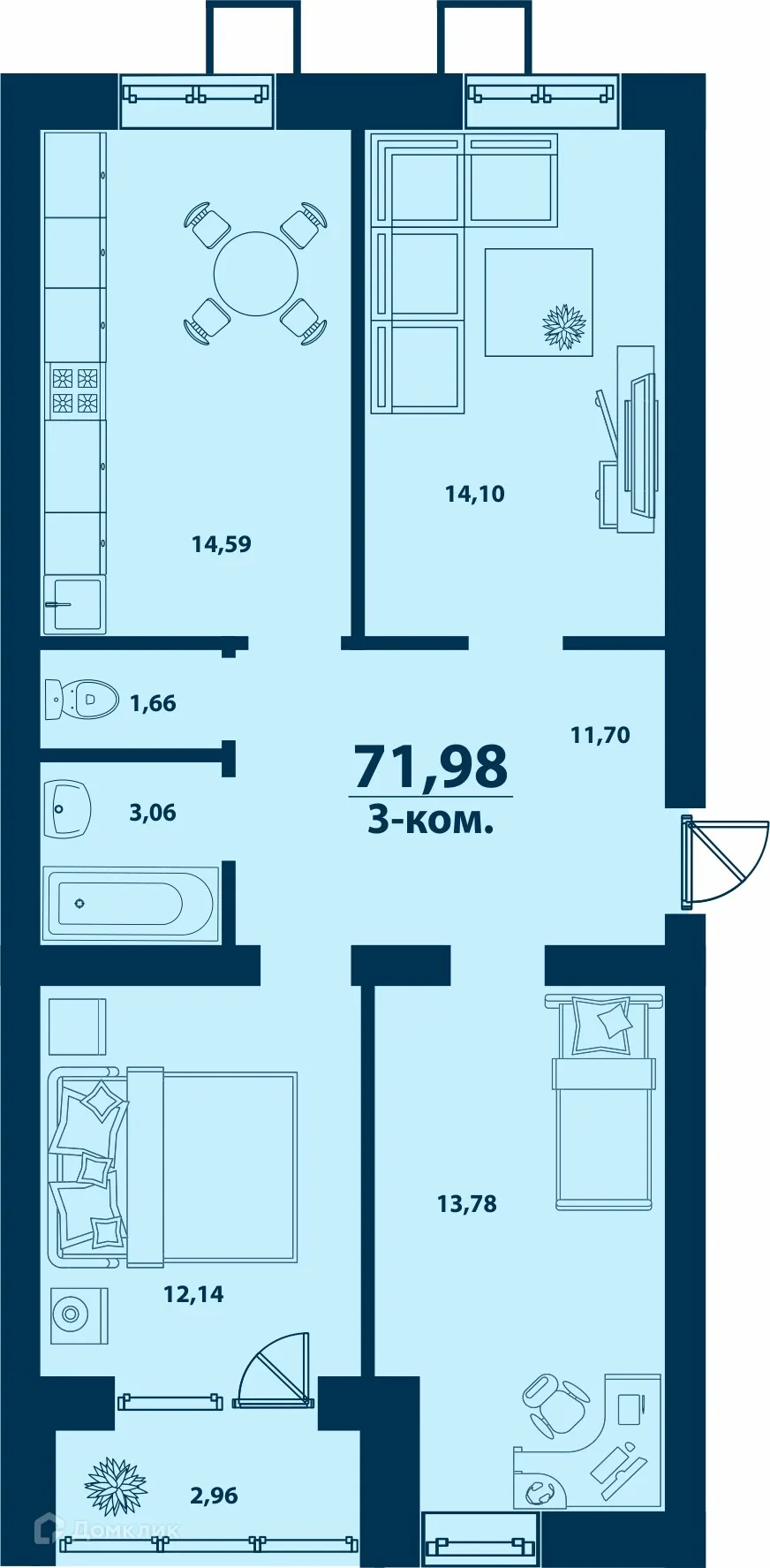 Планировка 3-комнатной квартиры 71.98 м² в ЖК Город Природы, г. Уфа — фото 1
