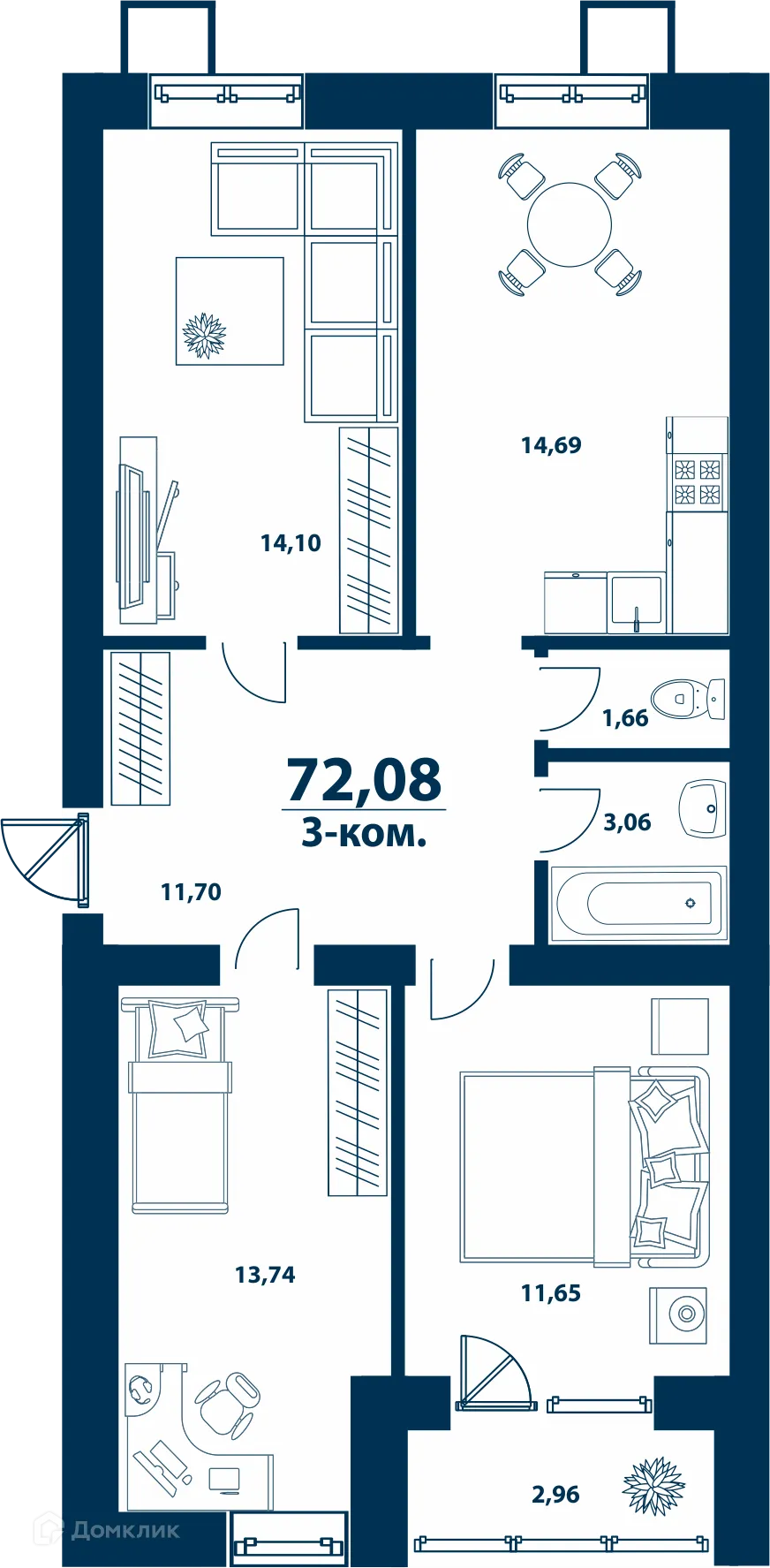 Планировка 3-комнатной квартиры 72.08 м² в ЖК Город Природы, г. Уфа — фото 1