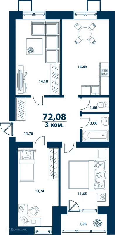 Планировка 3 комн. в ЖК Город Природы