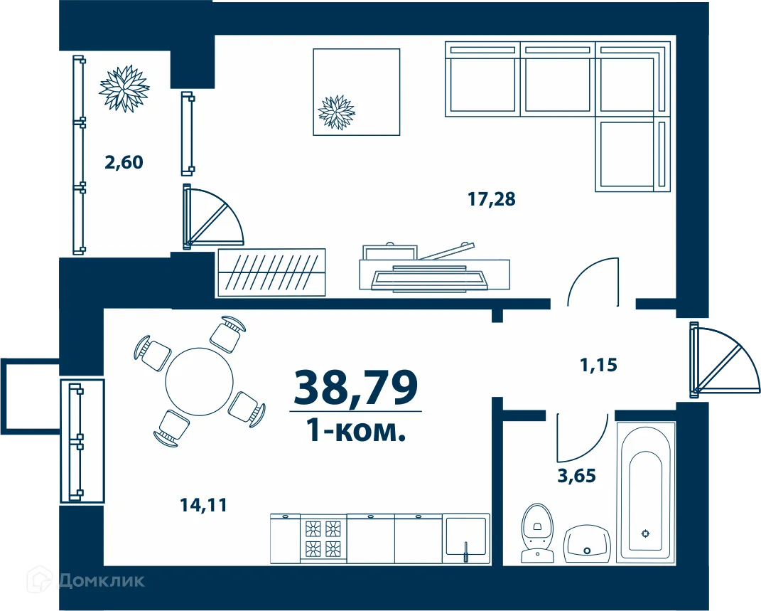 Планировка 1-комнатной квартиры 38.79 м² в ЖК Город Природы, г. Уфа — фото 1