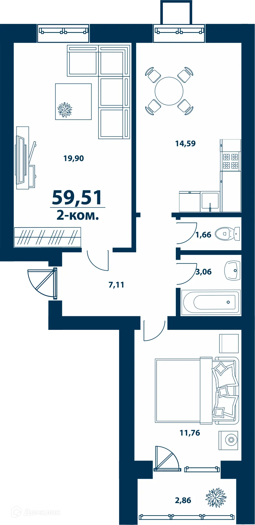 Планировка 2-комнатной квартиры 59.51 м² в ЖК Город Природы, г. Уфа — фото 1