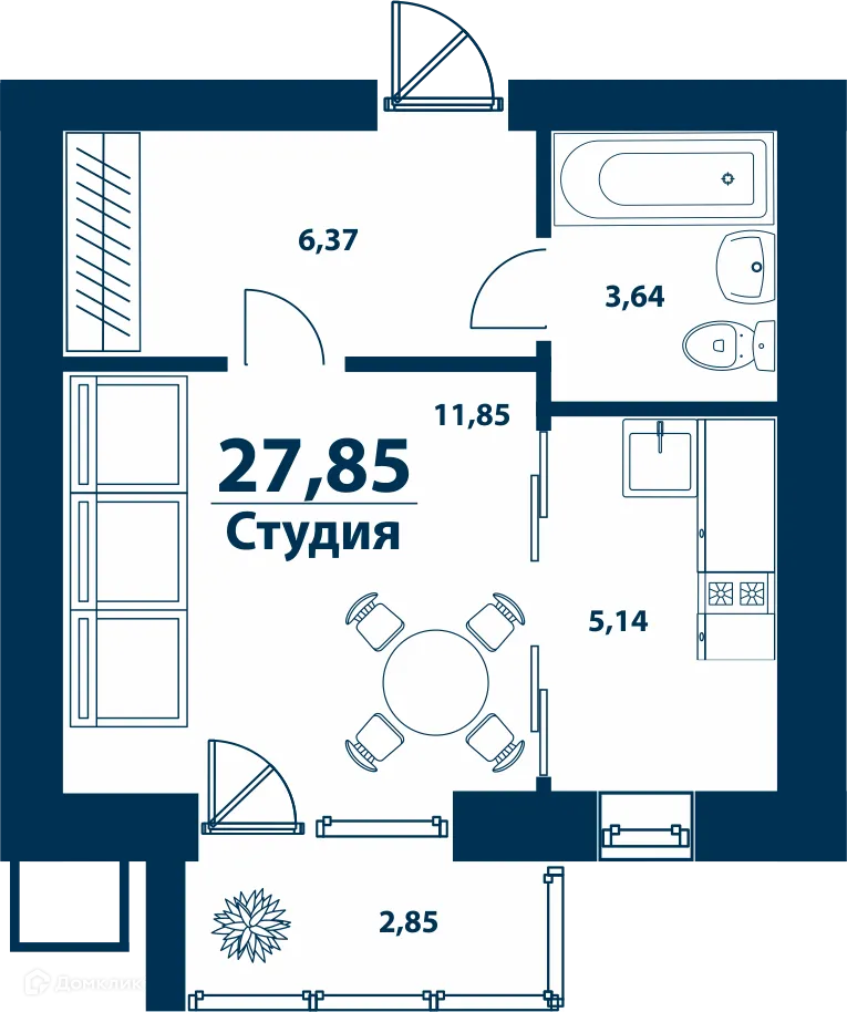 Планировка студии квартиры 27.85 м² в ЖК Город Природы, г. Уфа — фото 1