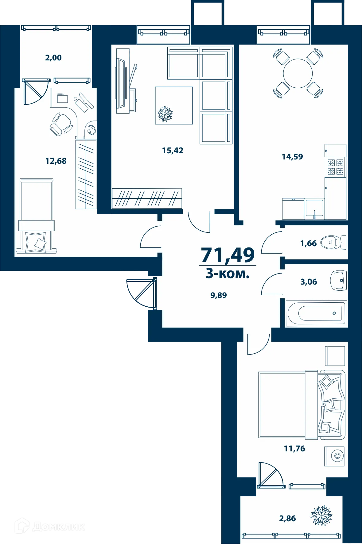 Планировка 3-комнатной квартиры 71.49 м² в ЖК Город Природы, г. Уфа — фото 1