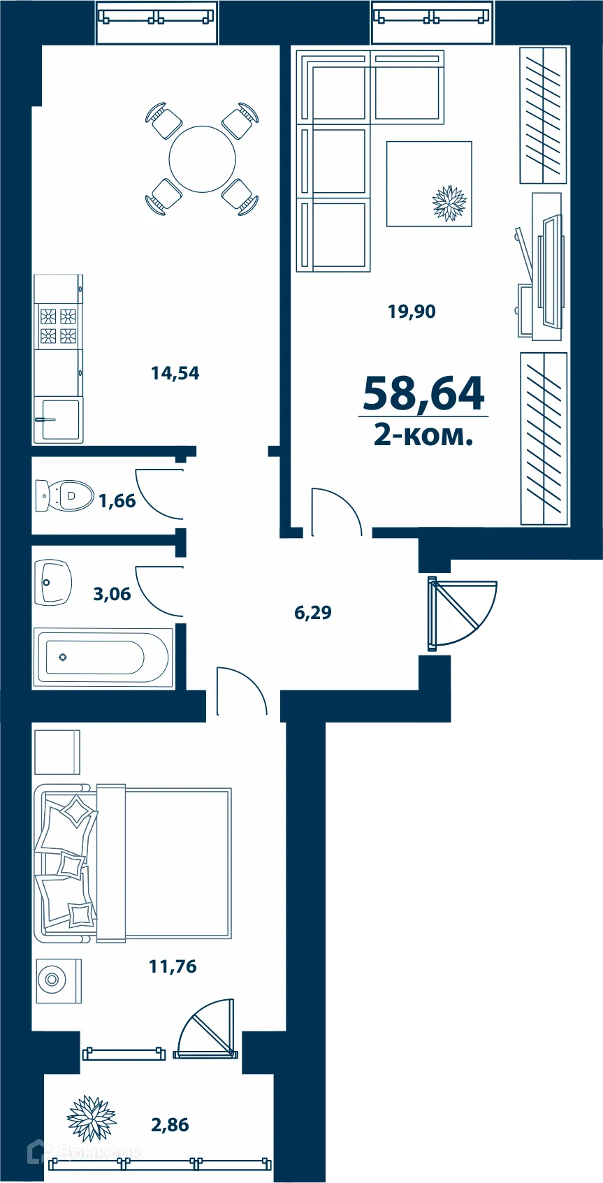 Планировка 2-комнатной квартиры 58.64 м² в ЖК Город Природы, г. Уфа — фото 1