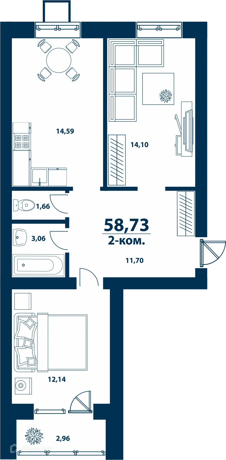 Планировка 2-комнатной квартиры 58.73 м² в ЖК Город Природы, г. Уфа — фото 1