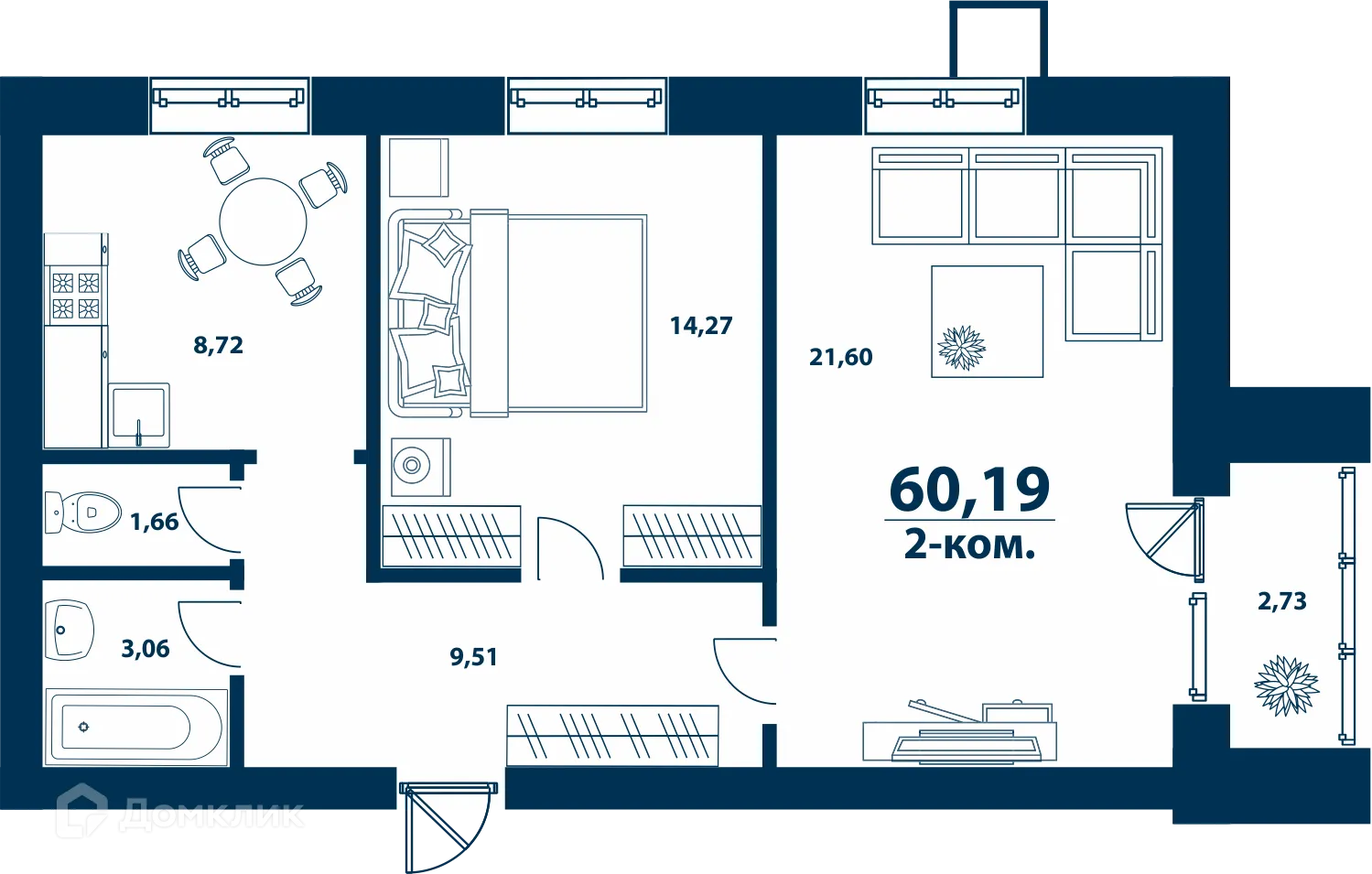 Планировка 2-комнатной квартиры 60.21 м² в ЖК Город Природы, г. Уфа — фото 1