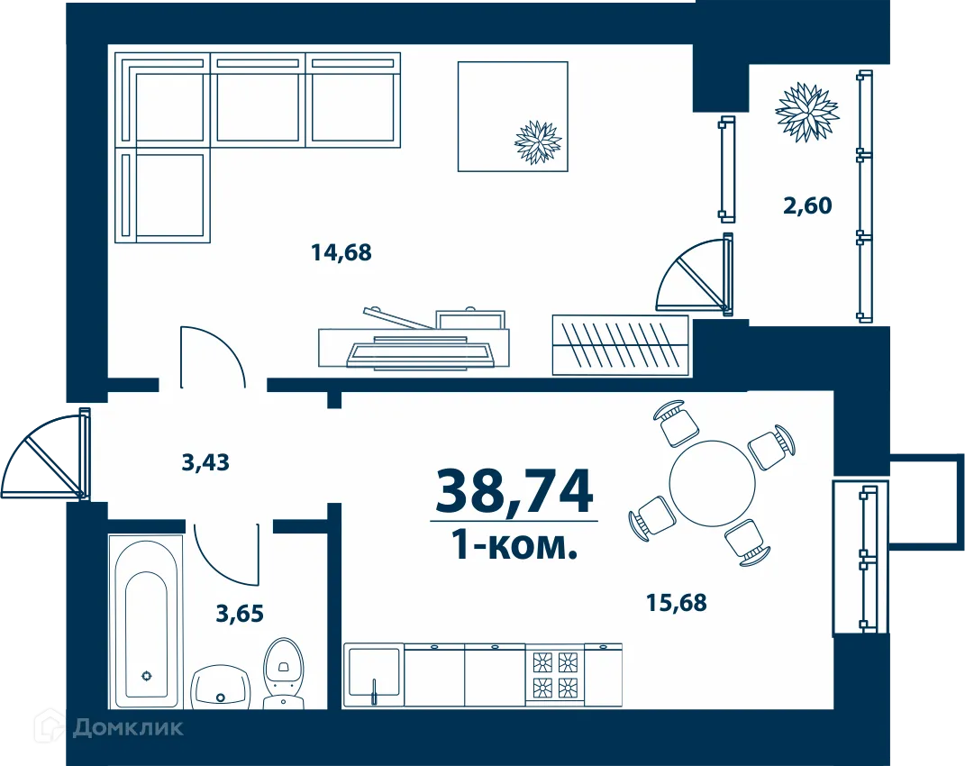Планировка 1-комнатной квартиры 38.74 м² в ЖК Город Природы, г. Уфа — фото 1