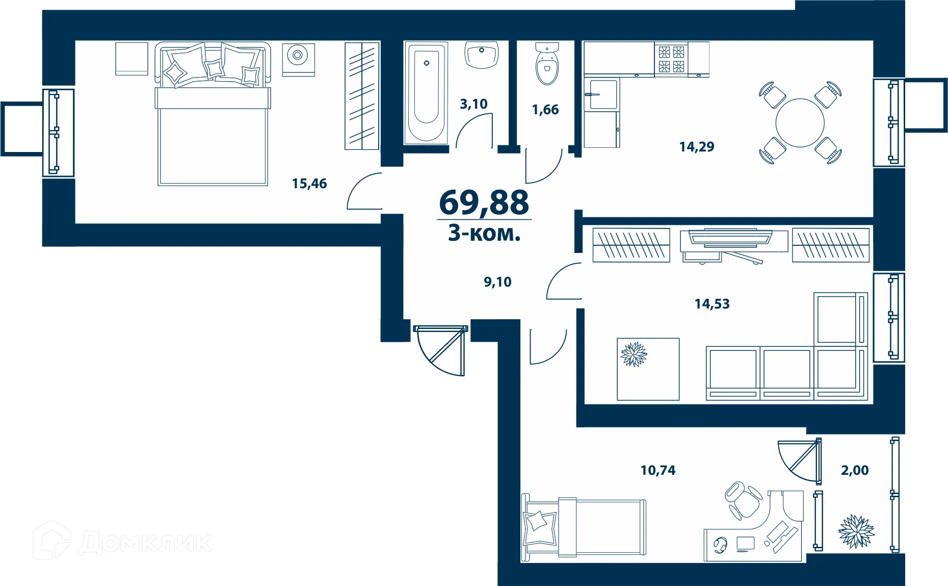 Планировка 3-комнатной квартиры 69.88 м² в ЖК Город Природы, г. Уфа — фото 1