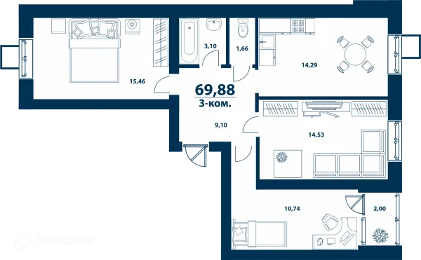 Планировка 3 комн. в ЖК Город Природы