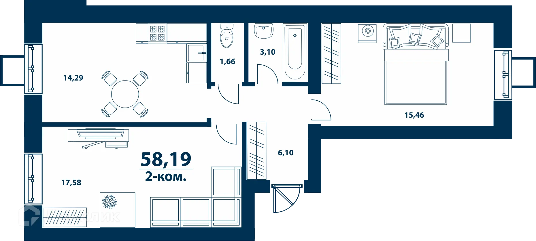 Планировка 2-комнатной квартиры 58.19 м² в ЖК Город Природы, г. Уфа — фото 1