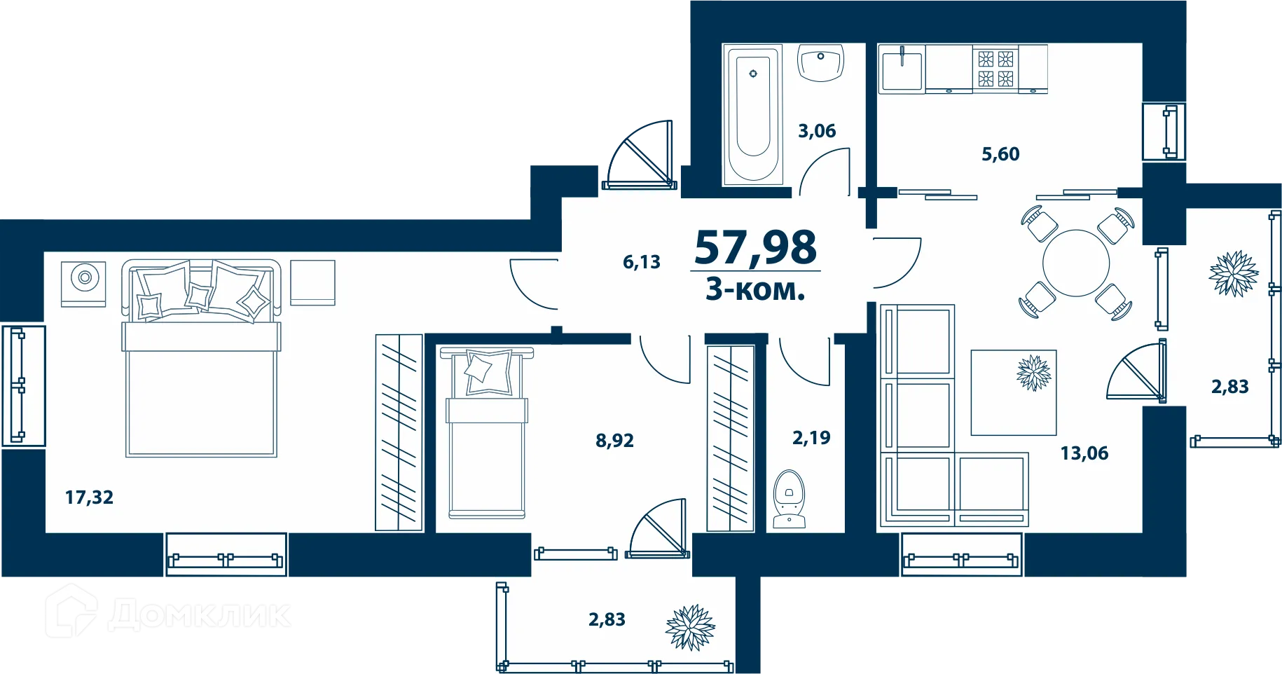Планировка 3-комнатной квартиры 57.98 м² в ЖК Город Природы, г. Уфа — фото 1