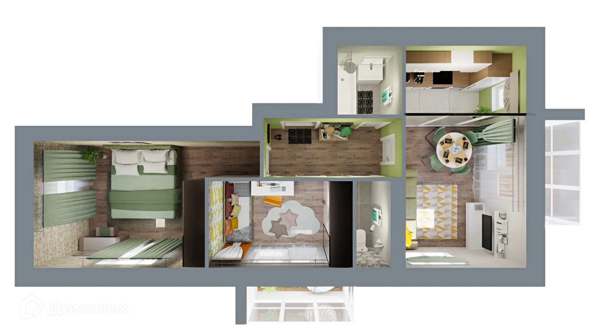 Планировка 3-комнатной квартиры 57.98 м² в ЖК Город Природы, г. Уфа — фото 2