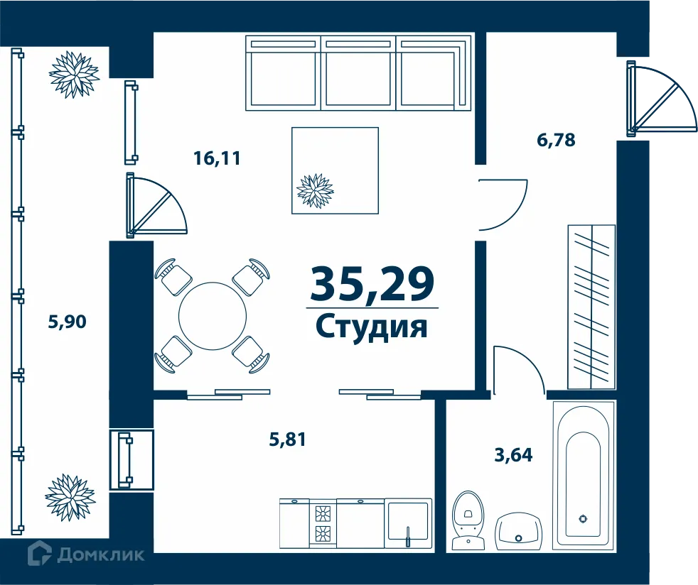 Планировка 1-комнатной квартиры 35.29 м² в ЖК Город Природы, г. Уфа — фото 1