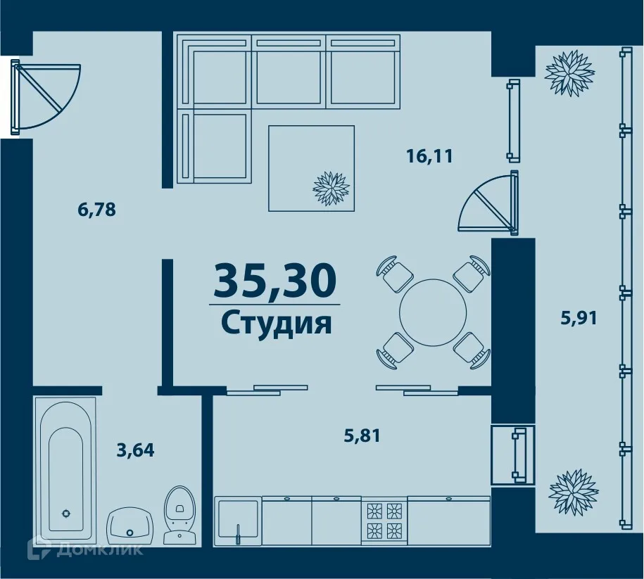 Планировка 1-комнатной квартиры 35.3 м² в ЖК Город Природы, г. Уфа — фото 1
