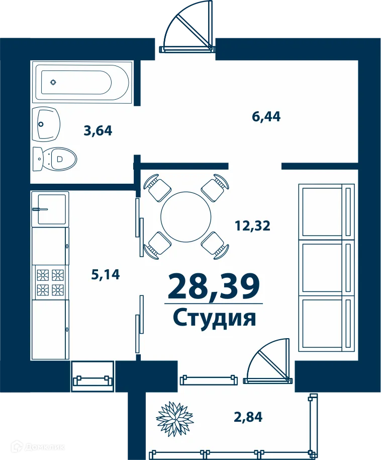 Планировка студии квартиры 28.39 м² в ЖК Город Природы, г. Уфа — фото 1