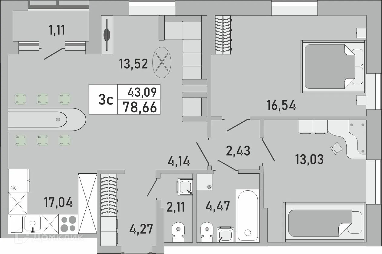 Планировка 3-комнатной квартиры 78.66 м² в ЖК Платинум, г. Уфа — фото 1