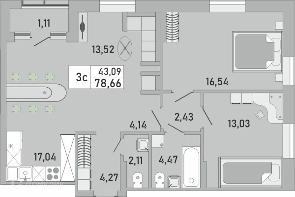 Планировка 3 комн. в ЖК Платинум