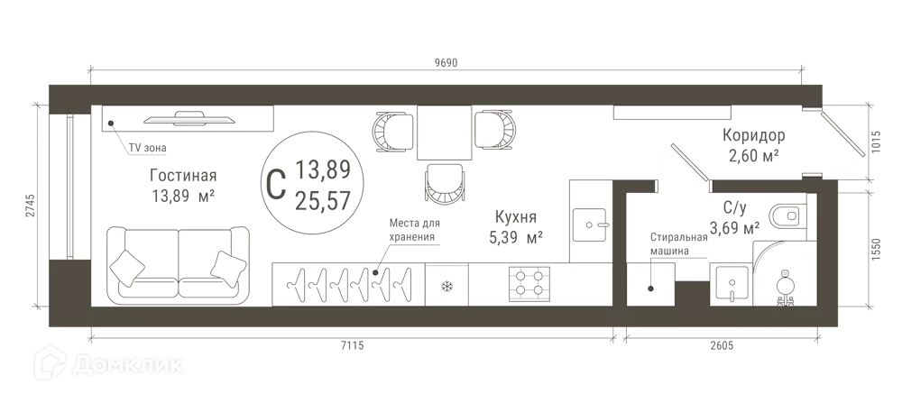 Планировка студии квартиры 25.57 м² в ЖК IREMEL TOWER (Иремель Тауэр), г. Уфа — фото 1