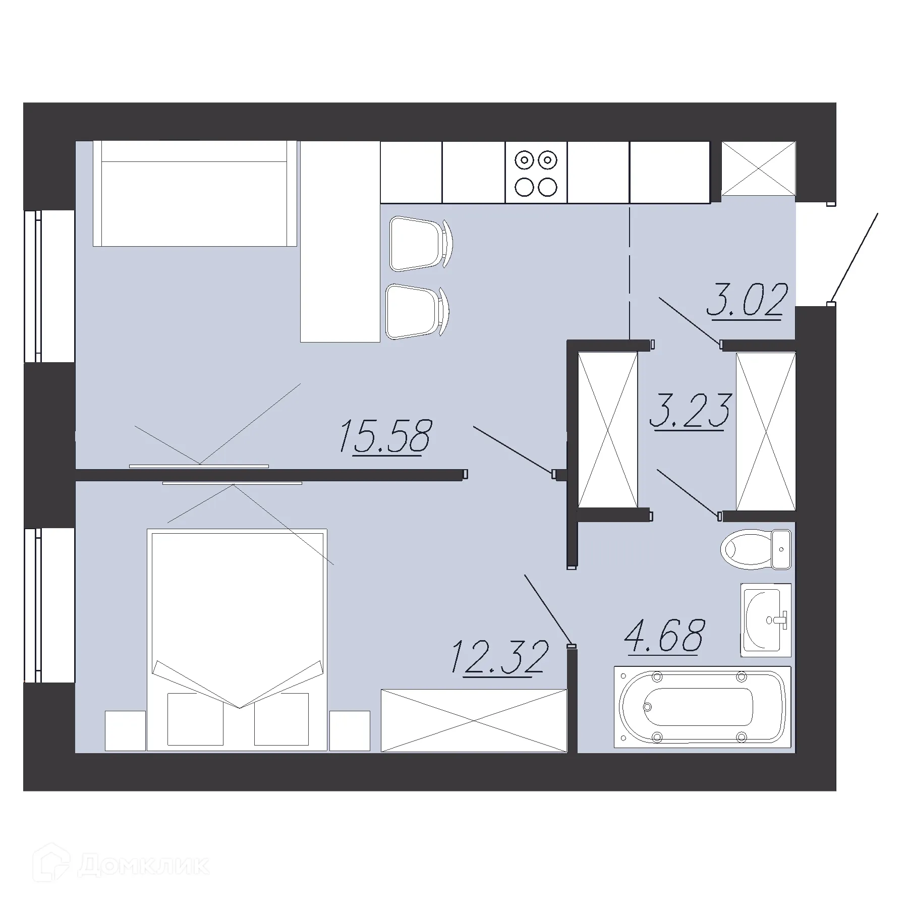 Планировка 1-комнатной квартиры 39.6 м² в ЖК Южный Парк, г. Южноуральск — фото 1