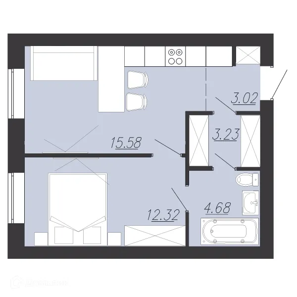 Планировка 1 комн. в ЖК Южный Парк