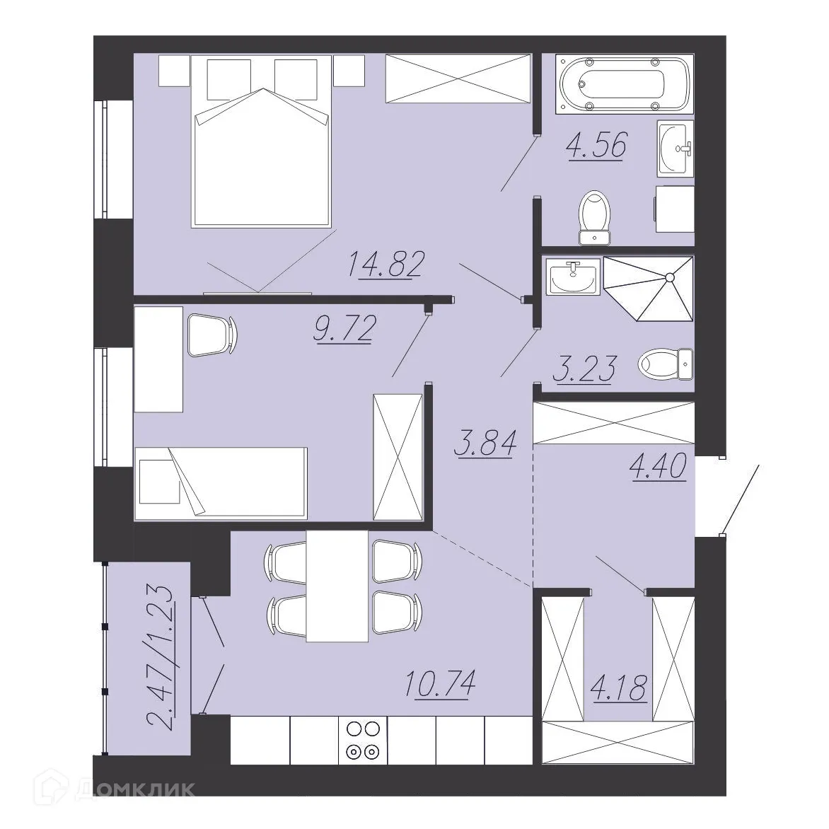 Планировка 2-комнатной квартиры 56.73 м² в ЖК Южный Парк, г. Южноуральск — фото 1