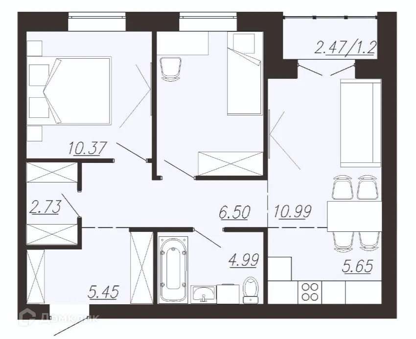 Планировка 2-комнатной квартиры 57.9 м² в ЖК Южный Парк, г. Южноуральск — фото 1