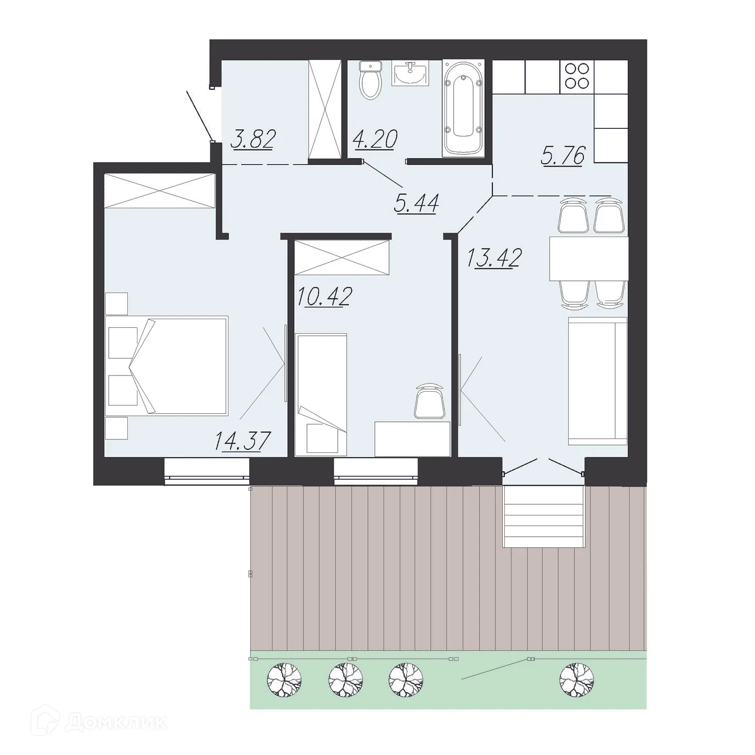 Планировка 2-комнатной квартиры 57.4 м² в ЖК Южный Парк, г. Южноуральск — фото 1
