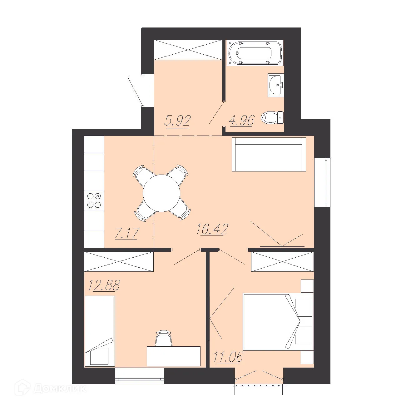 Планировка 2-комнатной квартиры 58.4 м² в ЖК Южный Парк, г. Южноуральск — фото 1
