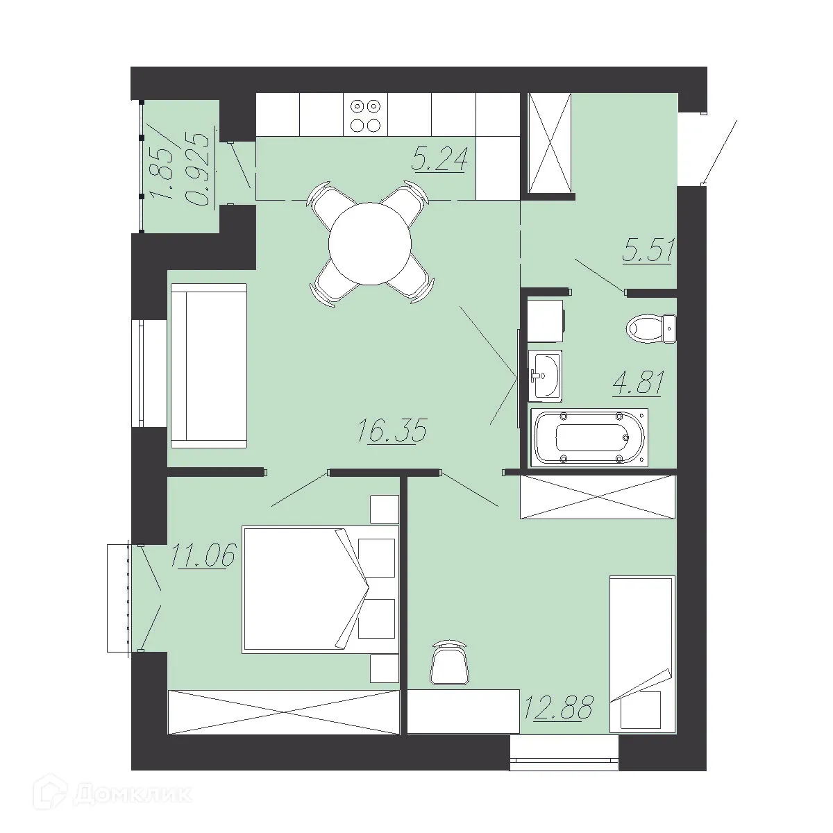 Планировка 2-комнатной квартиры 56.8 м² в ЖК Южный Парк, г. Южноуральск — фото 1