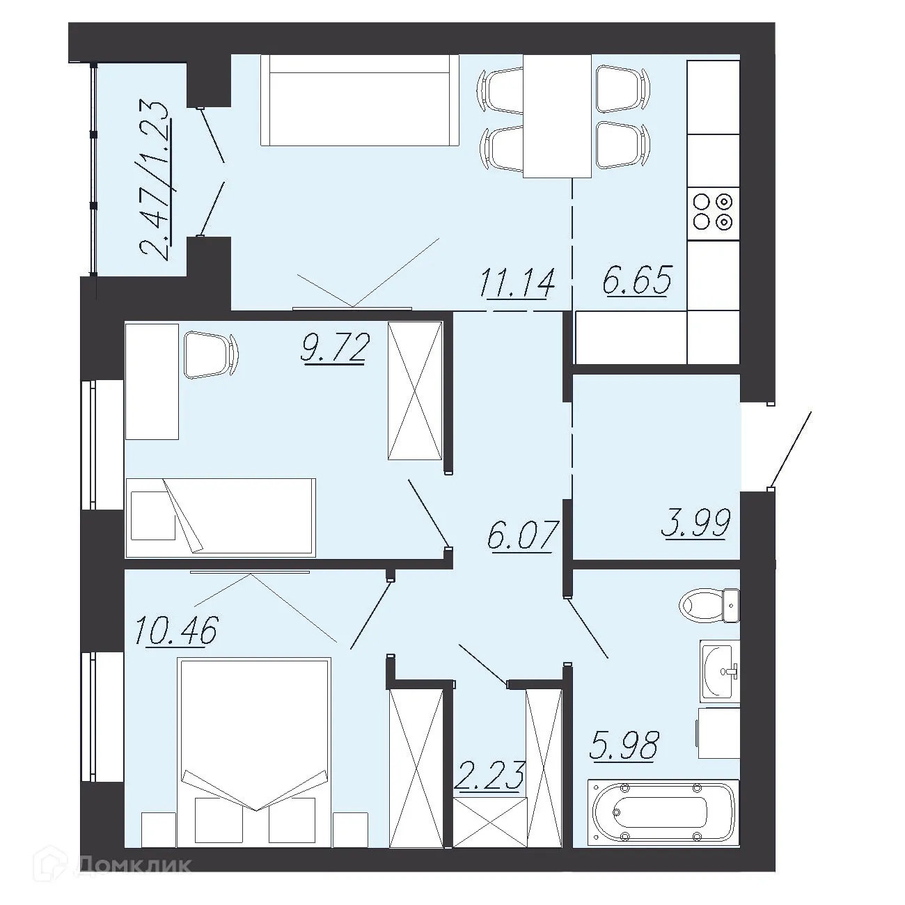 Планировка 2-комнатной квартиры 57.5 м² в ЖК Южный Парк, г. Южноуральск — фото 1