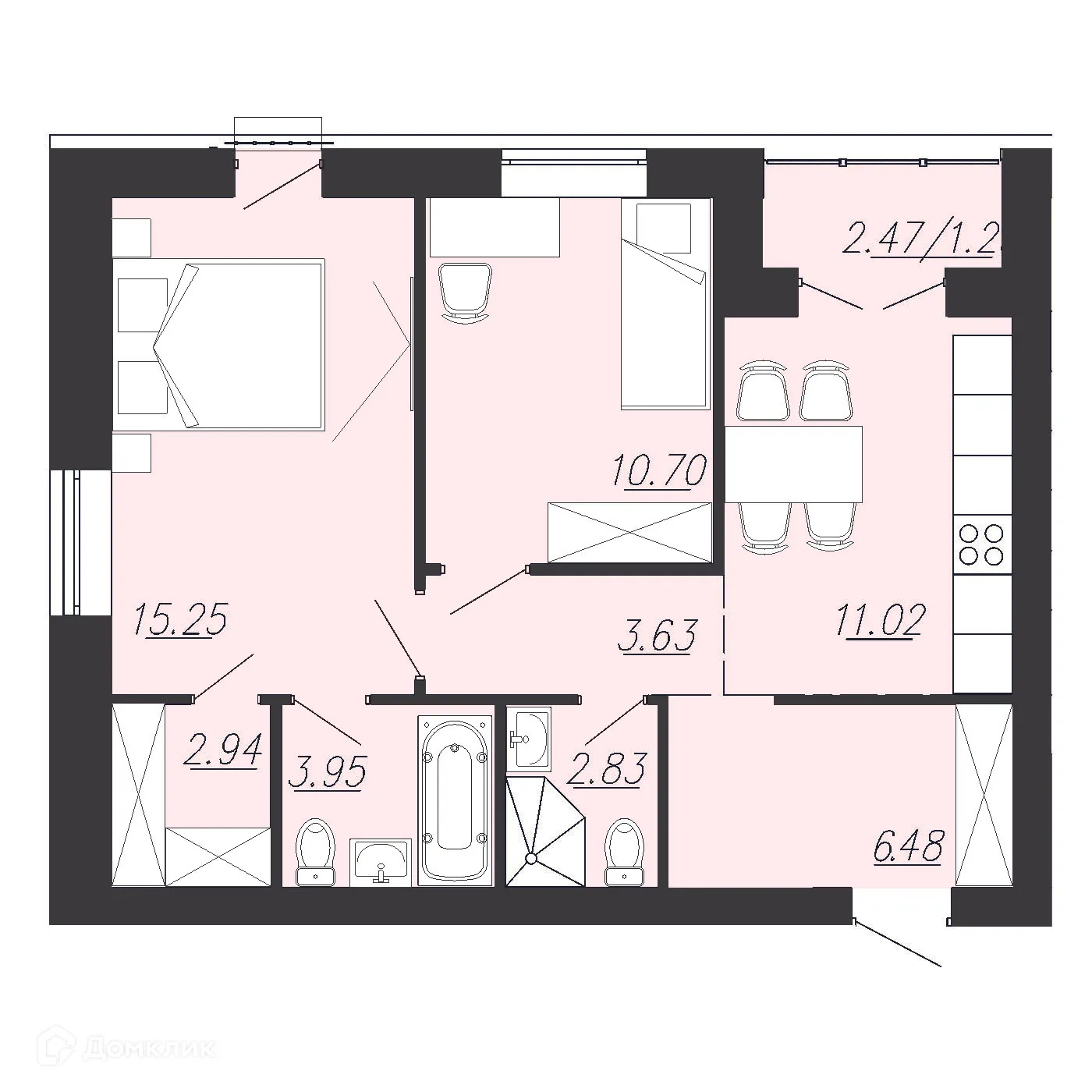Планировка 2-комнатной квартиры 58 м² в ЖК Южный Парк, г. Южноуральск — фото 1