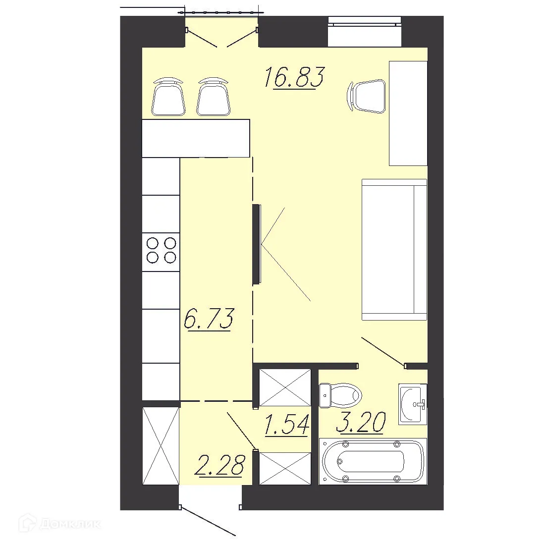 Планировка студии квартиры 30.6 м² в ЖК Южный Парк, г. Южноуральск — фото 1