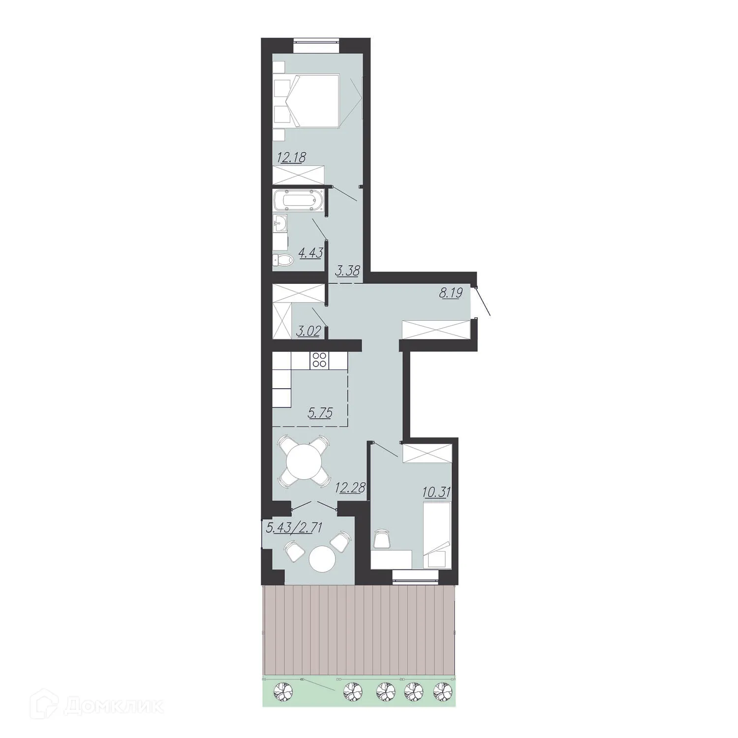Планировка 2-комнатной квартиры 59.4 м² в ЖК Южный Парк, г. Южноуральск — фото 1